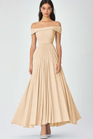 Laden Sie das Bild in den Galerie-Viewer, Schulterfreies Himmelblaues A-Linie Gerafftes Chiffon Abendkleid