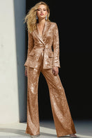 Laden Sie das Bild in den Galerie-Viewer, Glitzernde Silberne 2-teilige Pailletten mit gekerbtem Revers Frauen Ballanzüge