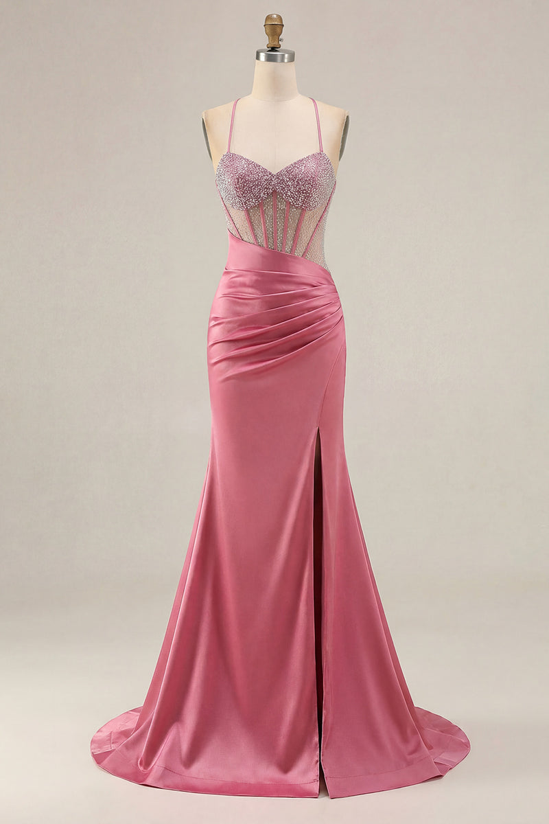 Laden Sie das Bild in den Galerie-Viewer, Rosa Perlen Meerjungfrauen Spaghettiträger Korsett Gerafftes Langes Ballkleid mit Schlitz