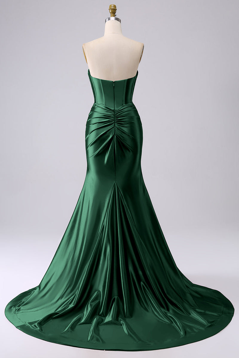 Laden Sie das Bild in den Galerie-Viewer, Fuchsia Trägerloses Satin Meerjungfrauen Korsett Langes Übergröße Ballkleid mit Schlitz