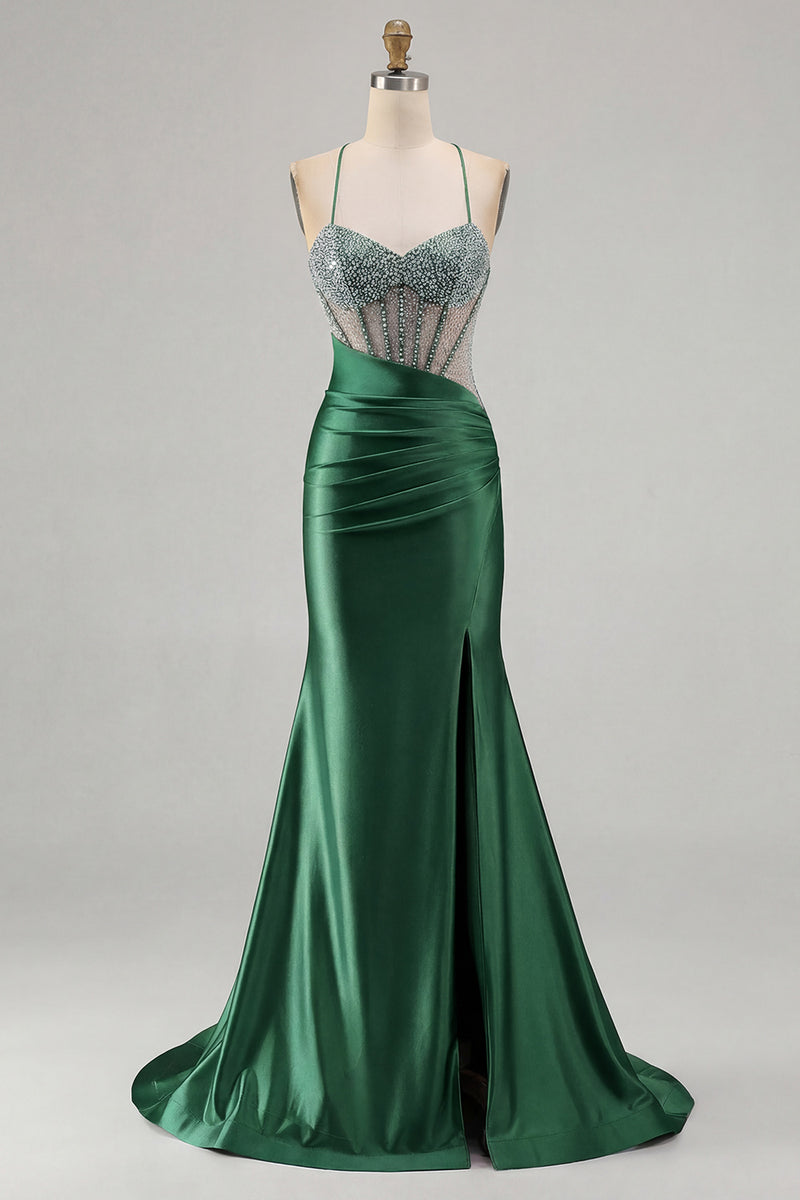 Laden Sie das Bild in den Galerie-Viewer, Rosa Perlen Meerjungfrauen Spaghettiträger Korsett Gerafftes Langes Ballkleid mit Schlitz