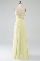 Laden Sie das Bild in den Galerie-Viewer, Champagner A-Linie Spaghettiträger Plissee Chiffon Langes Brautjungfernkleid