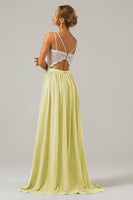 Laden Sie das Bild in den Galerie-Viewer, A-Linie V-Ausschnitt Boho Chiffon Langes Brautjungfernkleid mit offenem Rücken und Spitze Blush Rosa