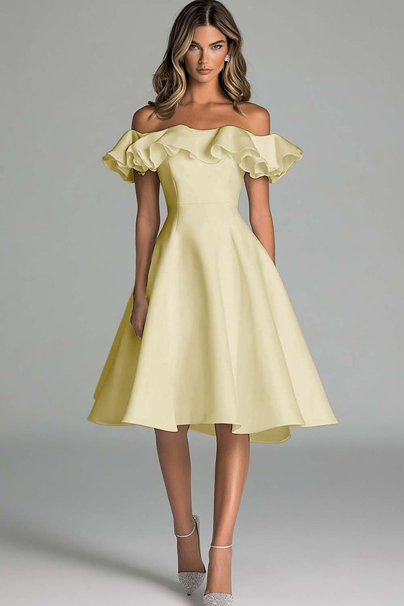 Laden Sie das Bild in den Galerie-Viewer, Weißes Schulterfreies Brautkleid in A-Linie mit Rüschen