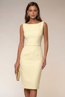 Laden Sie das Bild in den Galerie-Viewer, Elfenbeinfarbener Bodycon Bateau-Ausschnitt Midi-Arbeitskleid mit ärmellosem Kleid