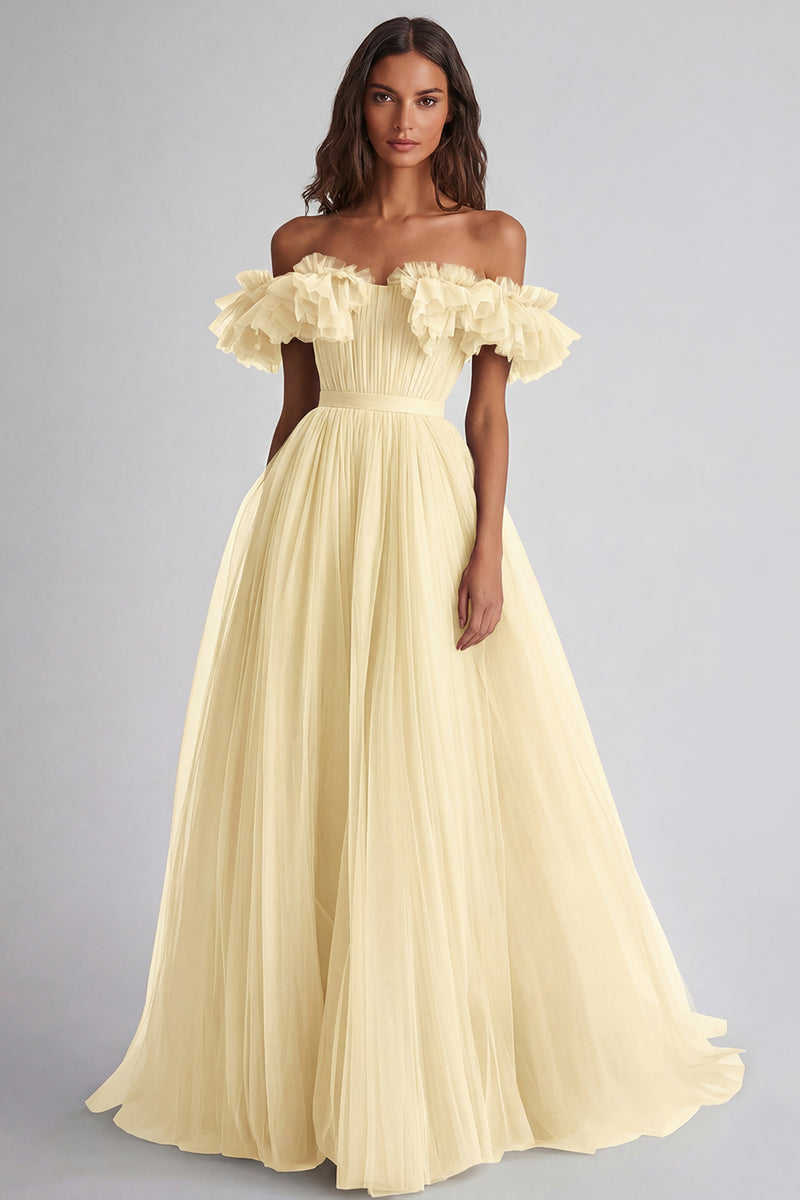 Laden Sie das Bild in den Galerie-Viewer, Dusty Sage Schulterfreies Rüschen A Linie Abendkleid