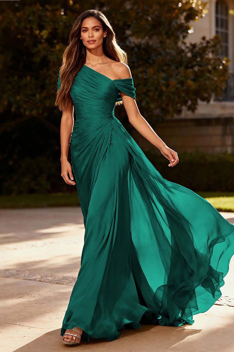 Laden Sie das Bild in den Galerie-Viewer, Dusty Sage Chiffon Eine Schulter A Linie Plissee Langes Abendkleid
