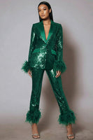 Laden Sie das Bild in den Galerie-Viewer, Glitzernde 2-teilige Schwarze Damen Ballanzüge mit Federn