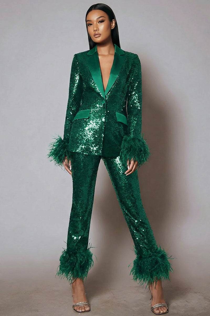 Laden Sie das Bild in den Galerie-Viewer, Glitzernde 2-teilige Schwarze Damen Ballanzüge mit Federn