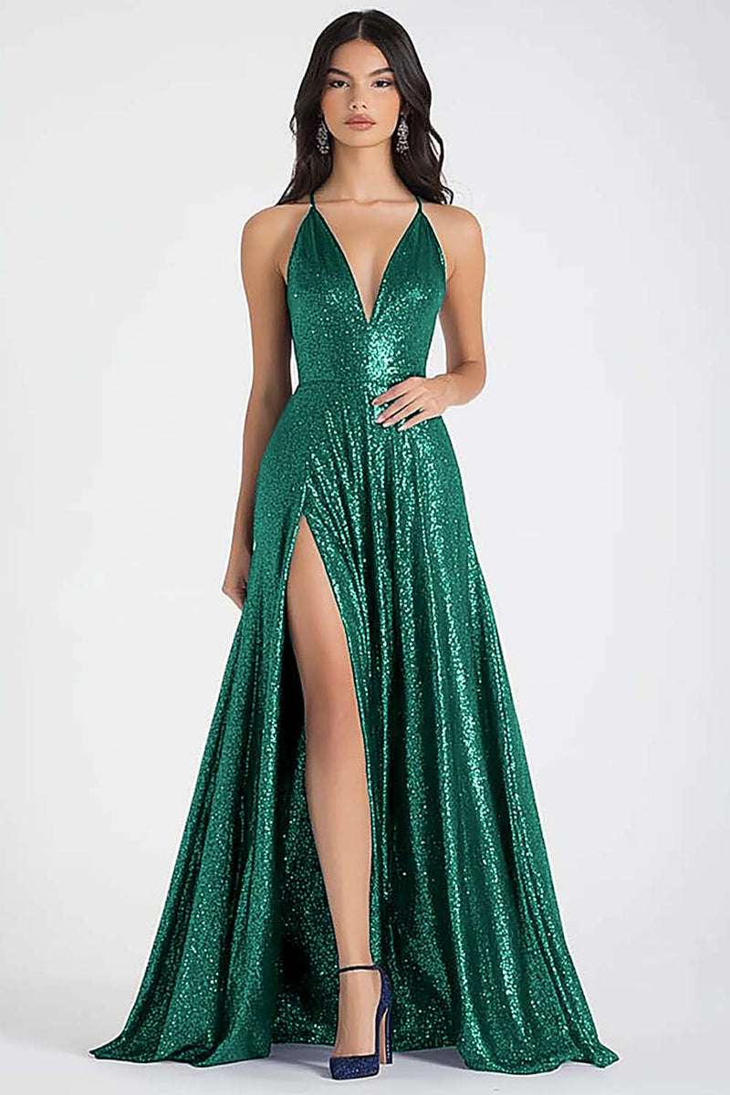 Laden Sie das Bild in den Galerie-Viewer, Glitzerndes Marineblaues A-Linie Spaghettiträger Pailletten Langes Ballkleid mit Schlitz