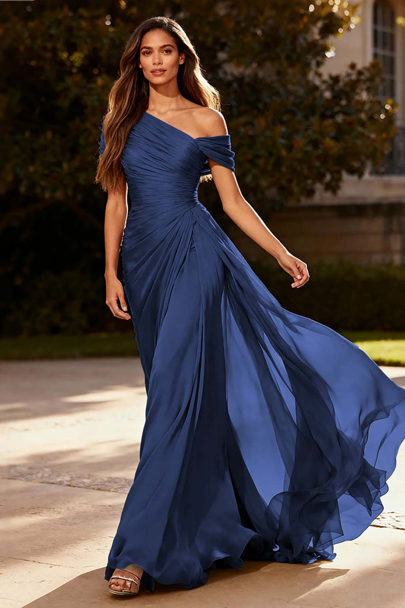 Laden Sie das Bild in den Galerie-Viewer, Dusty Sage Chiffon Eine Schulter A Linie Plissee Langes Abendkleid