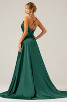 Laden Sie das Bild in den Galerie-Viewer, Königsblaues Langes A-Linie Spaghettiträger Satin Ballkleid mit Schlitz