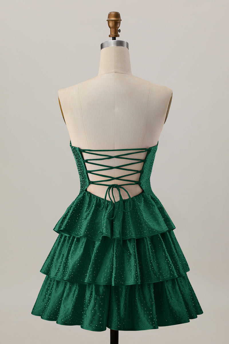 Laden Sie das Bild in den Galerie-Viewer, Orange A-Linie Trägerloses Gestuftes Abiballkleid mit Perlenstickerei