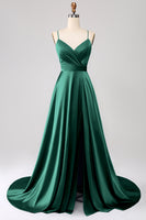 Laden Sie das Bild in den Galerie-Viewer, Königsblaues A-Linie Spaghettiträger Satin Ballkleid mit Schlitz