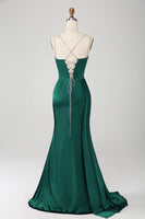 Laden Sie das Bild in den Galerie-Viewer, Marineblaues Meerjungfrauen Spaghettiträger Plissee Korsett Langes Ballkleid mit Schlitz