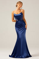 Laden Sie das Bild in den Galerie-Viewer, Meerjungfrau Graues blaues Spaghettiträger Satin Maxikleid