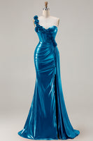 Laden Sie das Bild in den Galerie-Viewer, Metallisches Burgunderrotes Meerjungfrauen Langes Ballkleid mit seitlichem Schlitz und 3D-Blumen