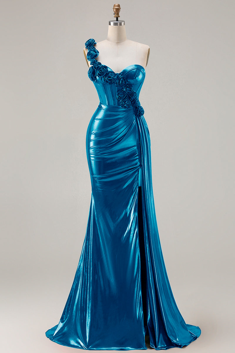 Laden Sie das Bild in den Galerie-Viewer, Metallisches Burgunderrotes Meerjungfrauen Langes Ballkleid mit seitlichem Schlitz und 3D-Blumen