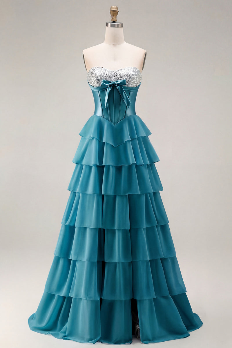 Laden Sie das Bild in den Galerie-Viewer, Rosa Trägerloses A-Linie Korsett Pailletten Langes Ballkleid mit Schlitz