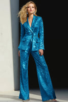 Laden Sie das Bild in den Galerie-Viewer, Glitzernde Silberne 2-teilige Pailletten mit gekerbtem Revers Frauen Ballanzüge