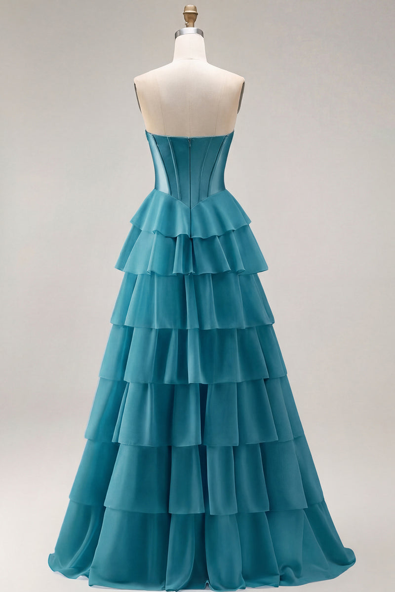 Laden Sie das Bild in den Galerie-Viewer, Rosa Trägerloses A-Linie Korsett Pailletten Langes Ballkleid mit Schlitz