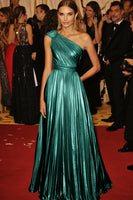 Laden Sie das Bild in den Galerie-Viewer, Goldenes A-Linie Metallic Satin Abendkleid mit einer Schulter