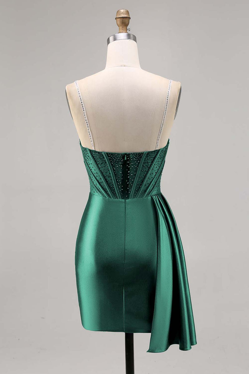 Laden Sie das Bild in den Galerie-Viewer, Marineblaues Satin Korsett Cocktailkleid mit Perlen und Schärpe