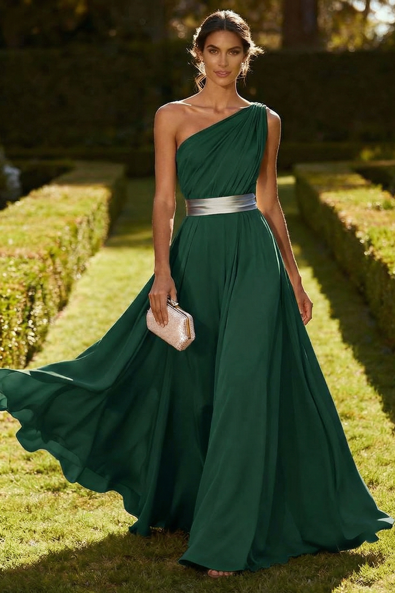 Laden Sie das Bild in den Galerie-Viewer, Eine Schulter Olive A-Linie Chiffon Maxi-Kleid