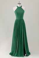 Laden Sie das Bild in den Galerie-Viewer, Grau Blau A-Linie Neckholder Langes Brautjungfernkleid mit Schlitz