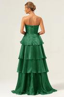 Laden Sie das Bild in den Galerie-Viewer, Dunkelblaues Langes A-Linie Trägerloses Gestuftes Satin Ballkleid