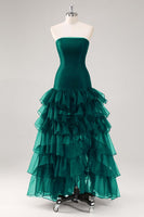 Laden Sie das Bild in den Galerie-Viewer, Schwarzes Trägerloses Gestuftes Tüll Ballkleid mit Rüschen