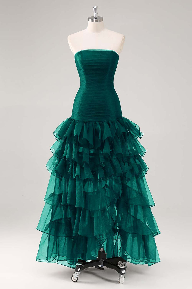 Laden Sie das Bild in den Galerie-Viewer, Schwarzes Trägerloses Gestuftes Tüll Ballkleid mit Rüschen