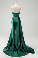 Laden Sie das Bild in den Galerie-Viewer, Marineblaues Meerjungfrau Watteau Train Korsett V-Ausschnitt Perlenbesetztes Ballkleid mit Schlitz