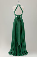 Laden Sie das Bild in den Galerie-Viewer, Grau Blau A-Linie Neckholder Langes Brautjungfernkleid mit Schlitz