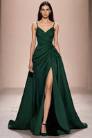Laden Sie das Bild in den Galerie-Viewer, Dunkelblaues Spaghettiträgern Abendkleid aus Satin in A-Linie mit Schlitz