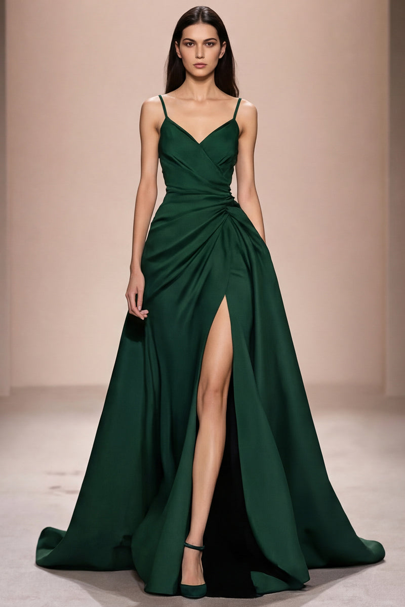Laden Sie das Bild in den Galerie-Viewer, Dunkelblaues Spaghettiträgern Abendkleid aus Satin in A-Linie mit Schlitz