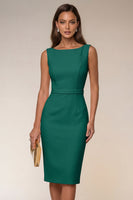 Laden Sie das Bild in den Galerie-Viewer, Elfenbeinfarbener Bodycon Bateau-Ausschnitt Midi-Arbeitskleid mit ärmellosem Kleid