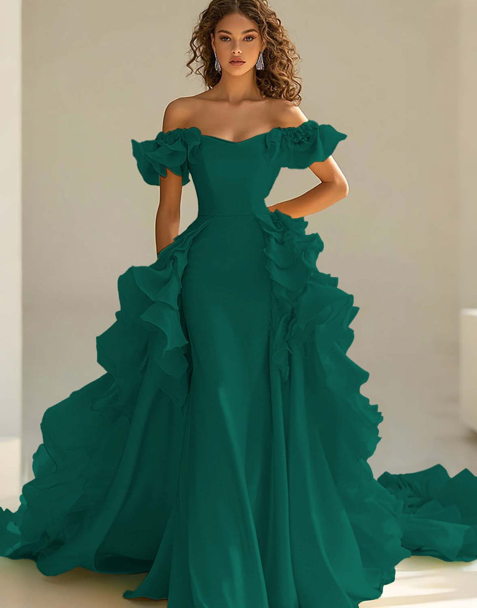 Laden Sie das Bild in den Galerie-Viewer, Gelbes schulterfreies Meerjungfrauen-Satinkleid mit Rüschen