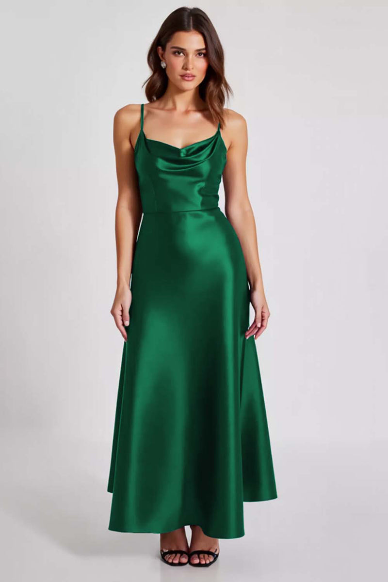 Laden Sie das Bild in den Galerie-Viewer, Marineblaues Satin Ballkleid mit Spaghettiträgern in A-Linie