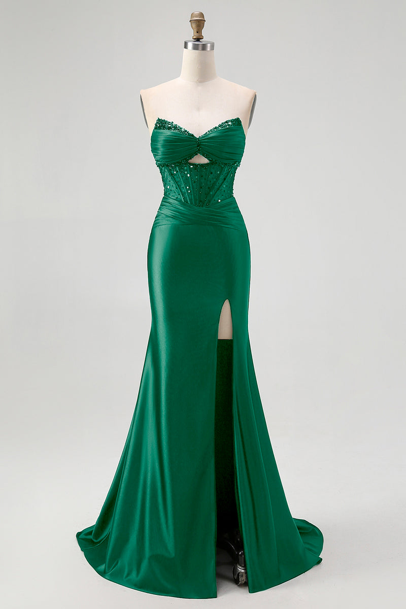 Laden Sie das Bild in den Galerie-Viewer, Trägerloses Pailletten Schwarzes Korsett Meerjungfrau Ballkleid