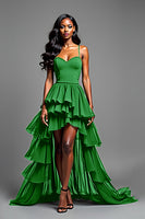 Laden Sie das Bild in den Galerie-Viewer, Spaghettiträger Schwarzes Langes Ballkleid mit Rüschen