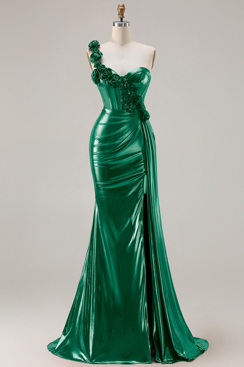 Laden Sie das Bild in den Galerie-Viewer, Metallisches Burgunderrotes Meerjungfrauen Langes Ballkleid mit seitlichem Schlitz und 3D-Blumen