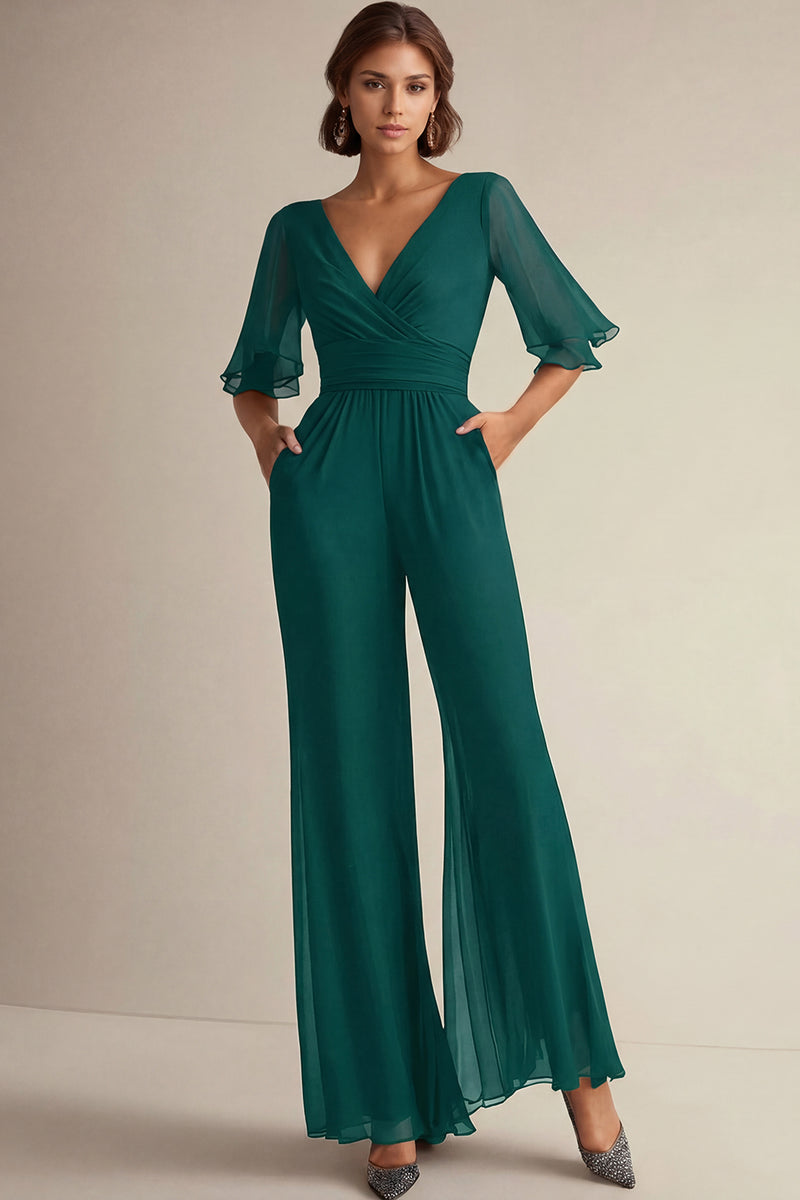 Laden Sie das Bild in den Galerie-Viewer, Marineblaue Chiffon Overalls für die Brautmutter mit V-Ausschnitt und halben Ärmeln