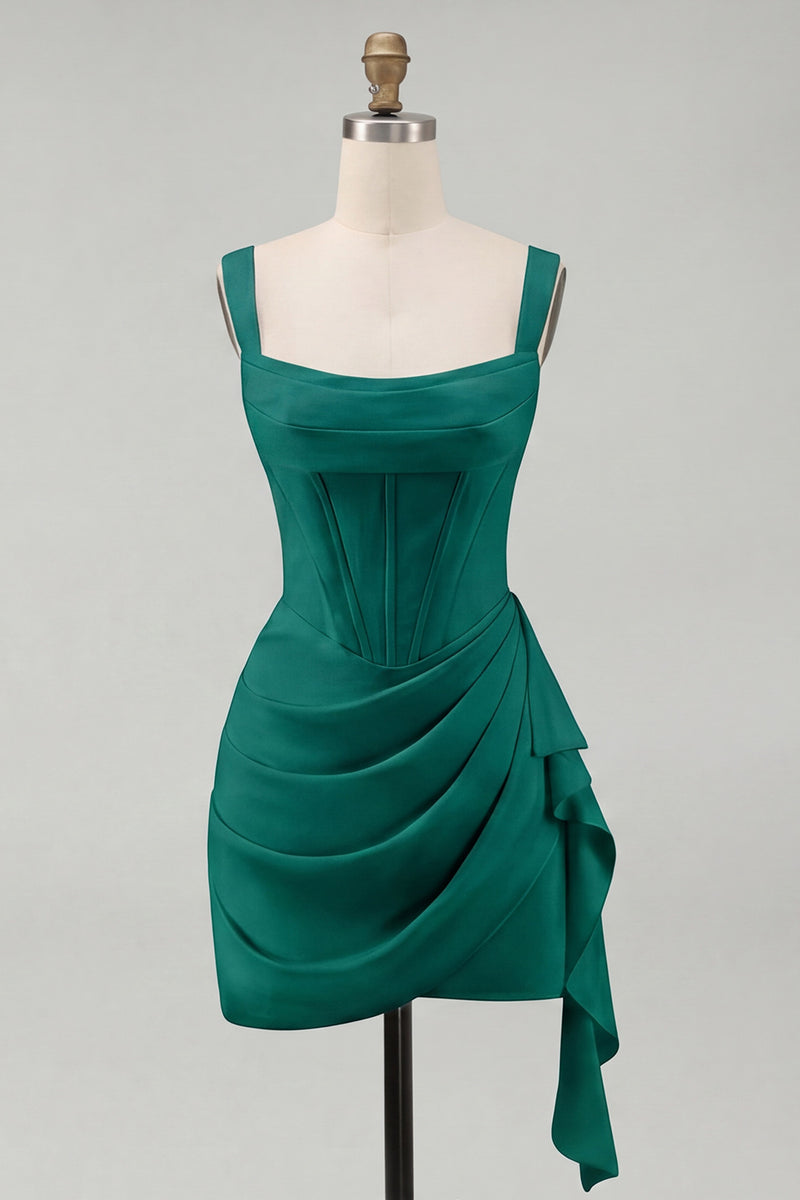 Laden Sie das Bild in den Galerie-Viewer, Tüll Elfenbein Korsett Quadratischer Ausschnitt Gerafftes Bodycon Mini Standesamt Kleid mit Rüschen