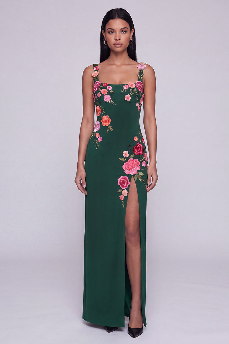 Laden Sie das Bild in den Galerie-Viewer, Schwarzes Florales Quadrathals Scheiden Langes Festliches Kleid mit Schlitz