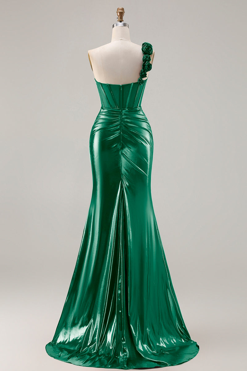 Laden Sie das Bild in den Galerie-Viewer, Metallisches Burgunderrotes Meerjungfrauen Langes Ballkleid mit seitlichem Schlitz und 3D-Blumen