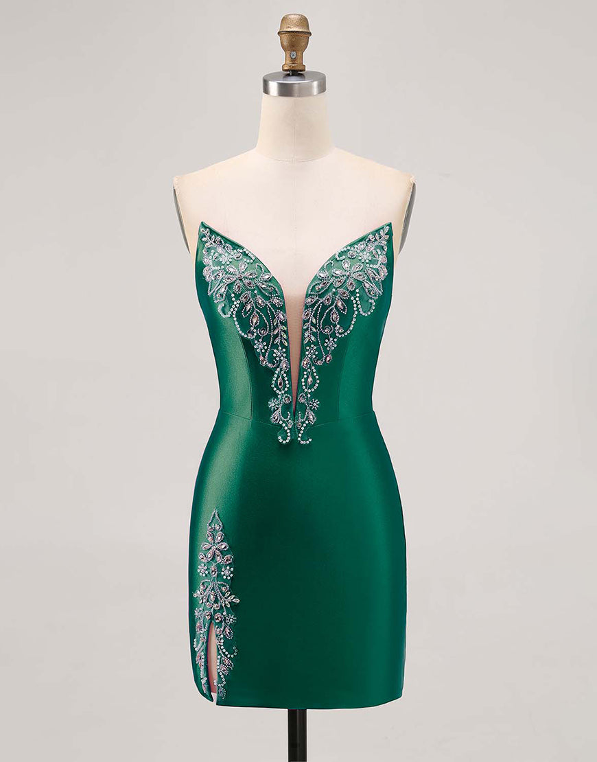 Laden Sie das Bild in den Galerie-Viewer, Fuchsia Trägerloses Perlenbesetztes Figurbetontes Abiballkleid mit Schlitz