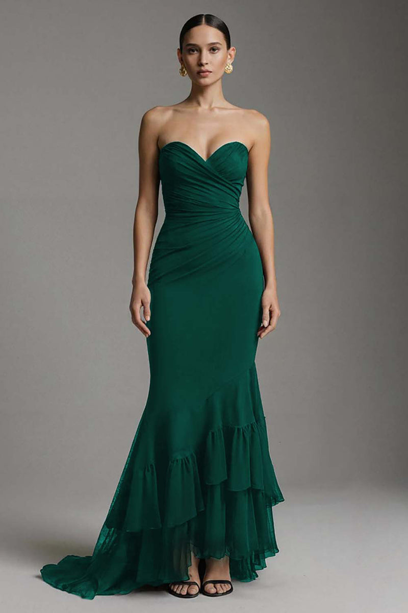 Laden Sie das Bild in den Galerie-Viewer, Schwarzes Herzausschnitt Mermaid Sweep Train Langes Ballkleid mit Rüschen