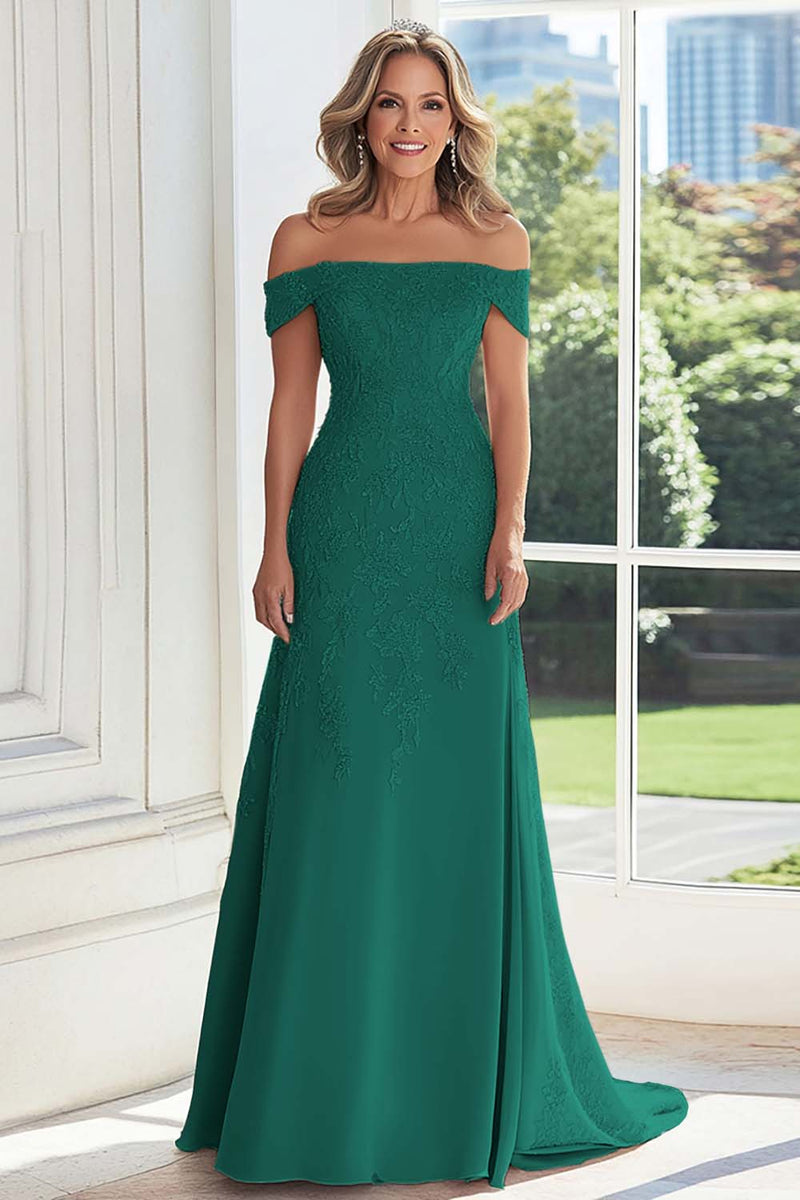 Laden Sie das Bild in den Galerie-Viewer, Taupe Scheide Schulterfreies Kleid für die Brautmutter mit Spitzenapplikation