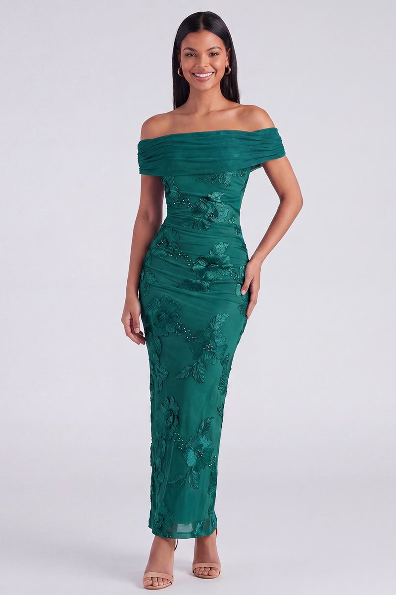 Laden Sie das Bild in den Galerie-Viewer, Off-the-shoulder gelbes, bodycon-appliquiertes Maxi-Blumenkleid mit Schlitz